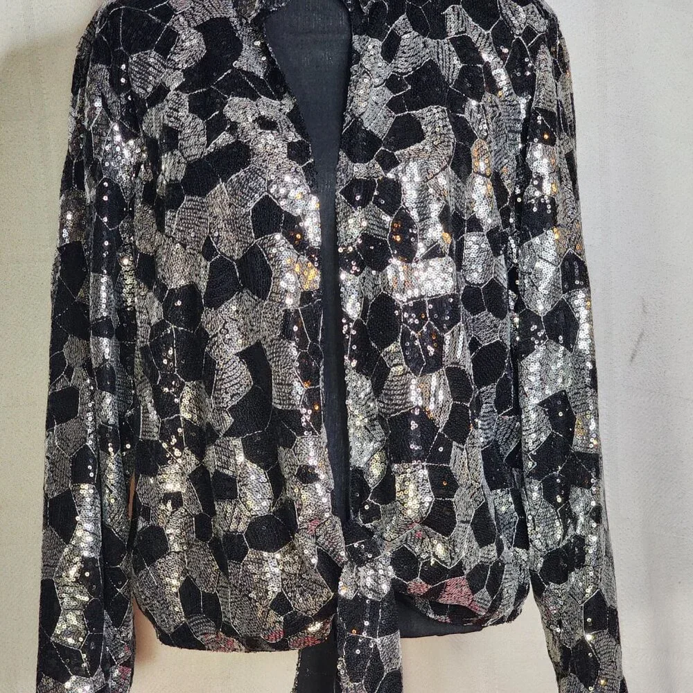 Chico's Black Silver Sequin Twilight Dazzle Tropez Poly Jacket Sz Chico 3 US XL - Picture 4 of 16
